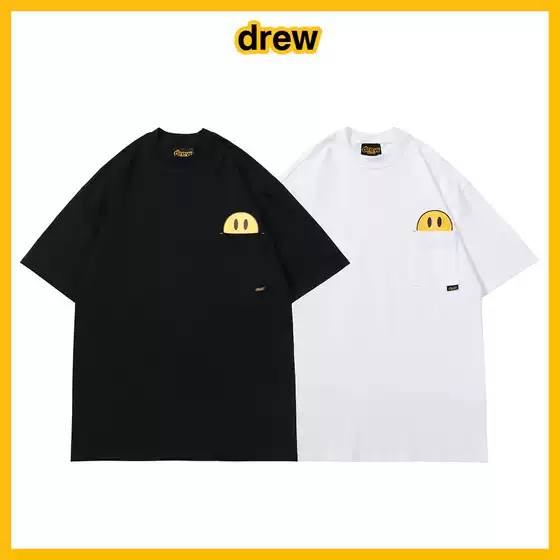 European and American Fashion Brand drew Short Sleeve High Street Loose Men's and Women's Couple's Round Neck T-Shirt FOG Short Sleeve Pocket Smiley Face Half Sleeve Summer