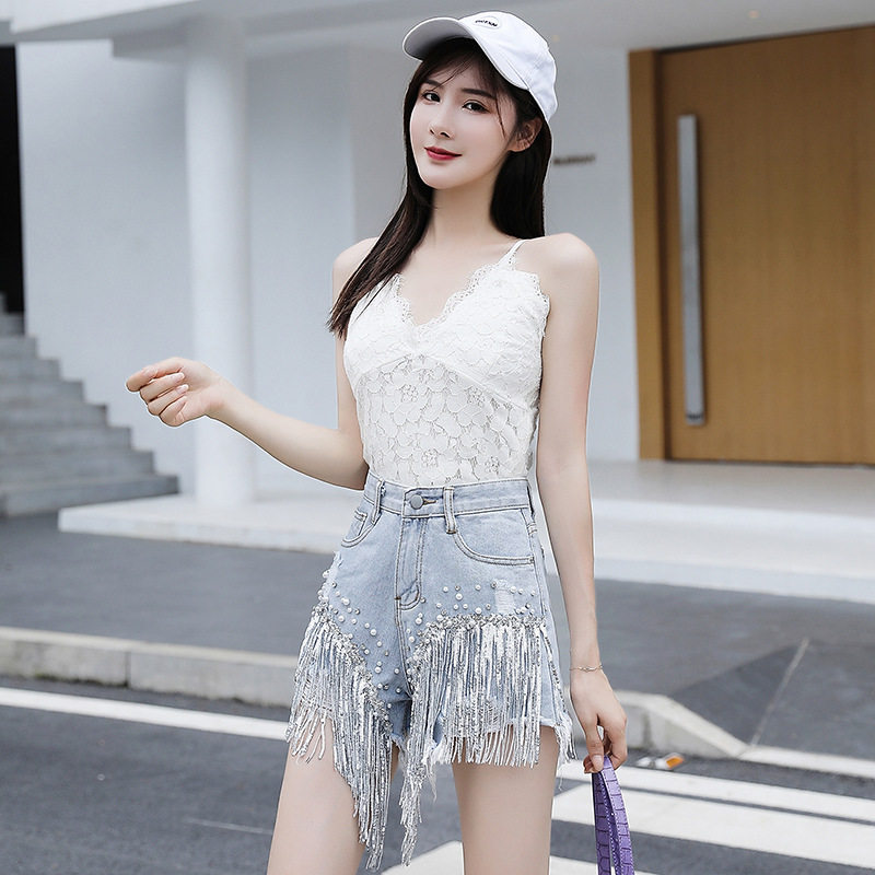 High Waisted Denim Shorts for Women Embellished with Rhinestones and Fringes Trendy Loose Fit for Summer Wholesale