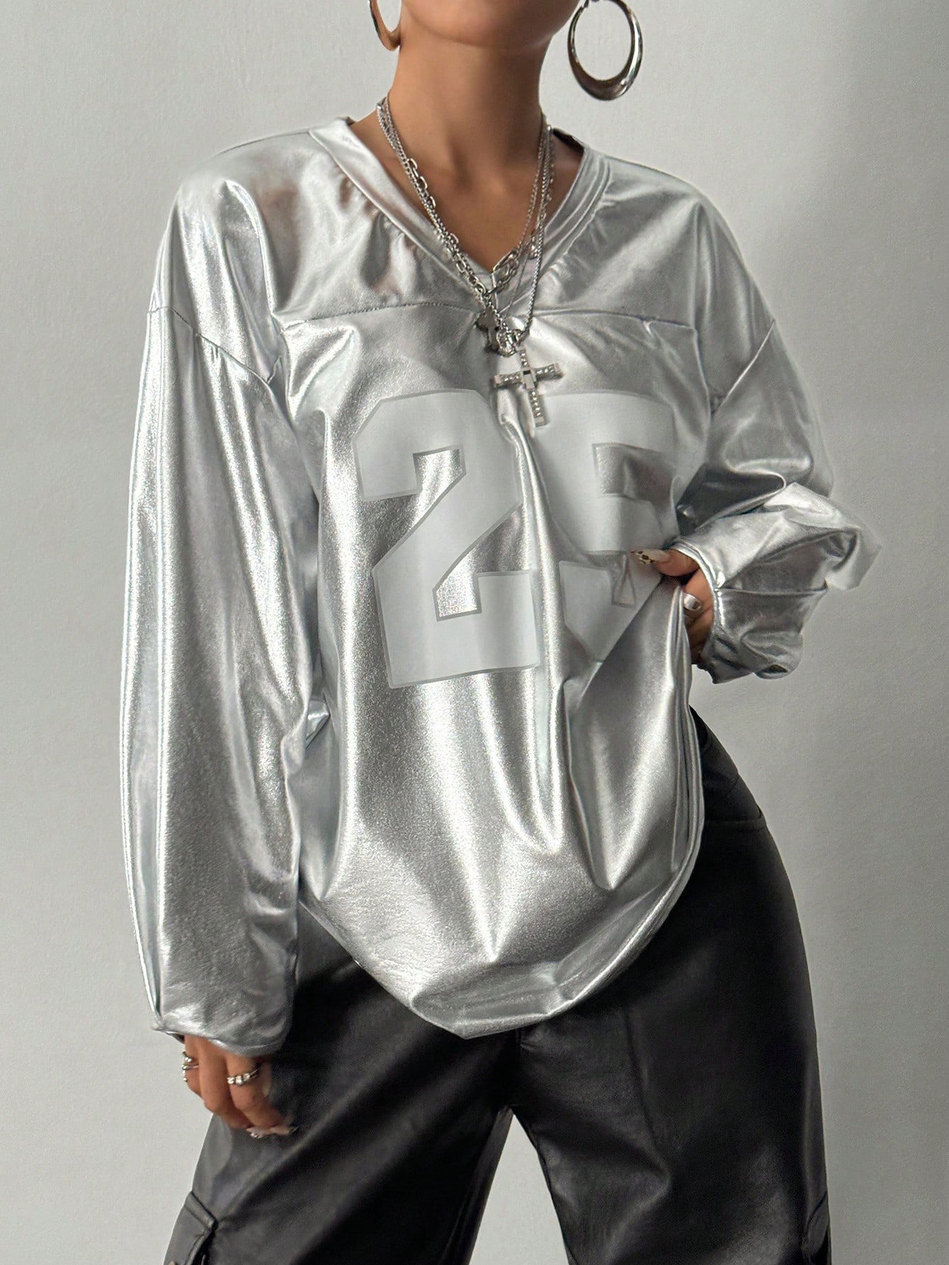 Womens Casual Long Sleeve V Neck Top Letter Print Street Style Trendy Design Perfect for Everyday Wear Wholesale
