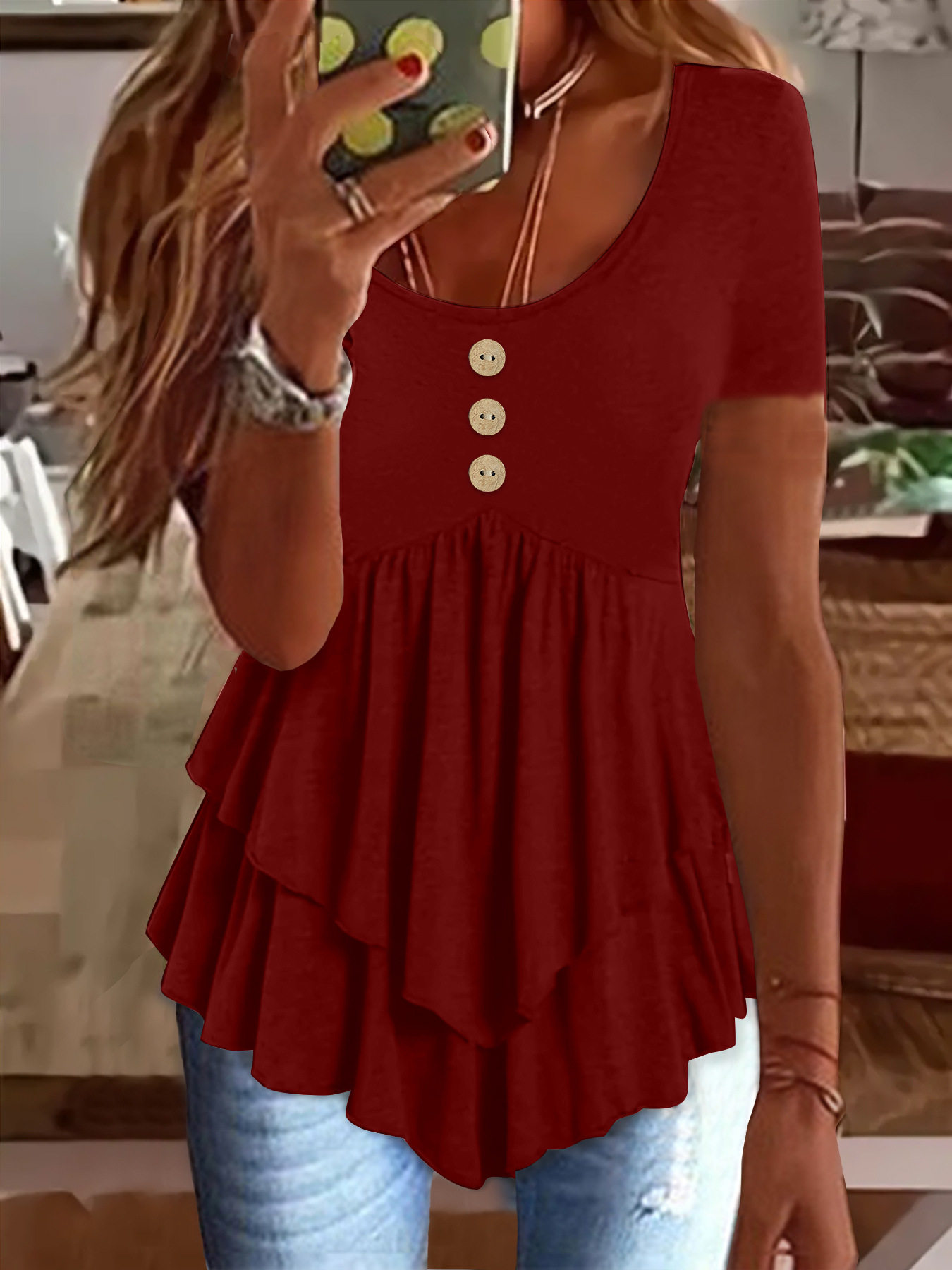 2025年新款亚马逊跨境欧美女装时尚三粒扣休闲纯色短袖连衣裙上衣