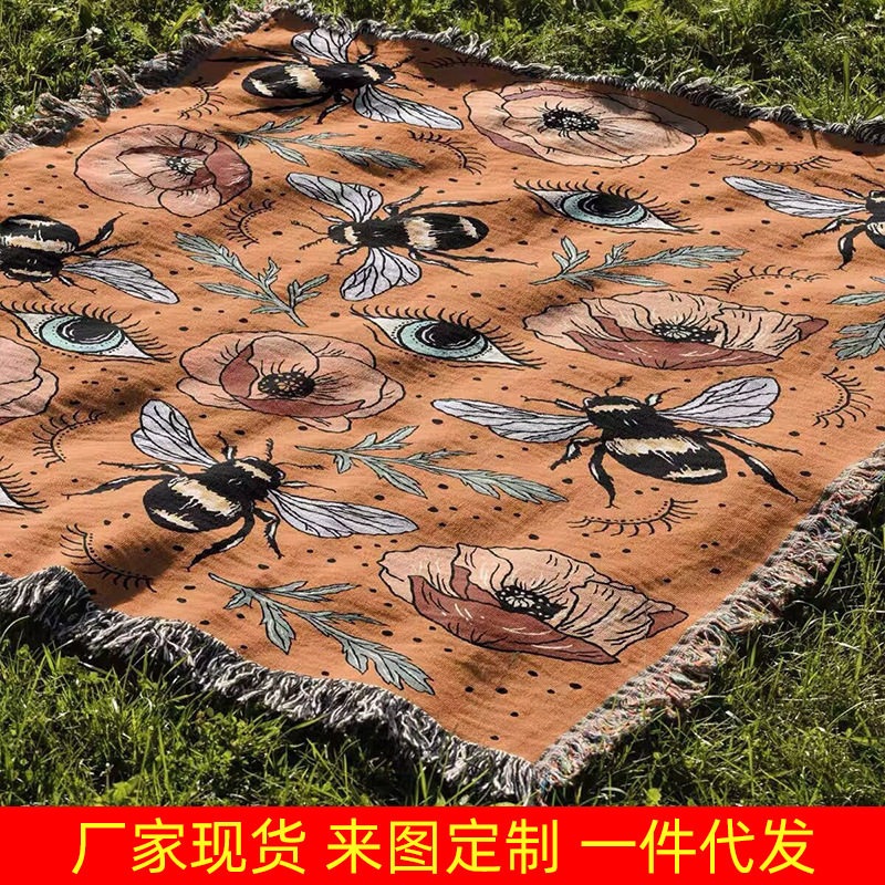 Cross-border American Style Custom Camping Blanket picnic mat jacquard decorative tapestry sofa towel cotton thread blanket multifunctional sofa blanket
