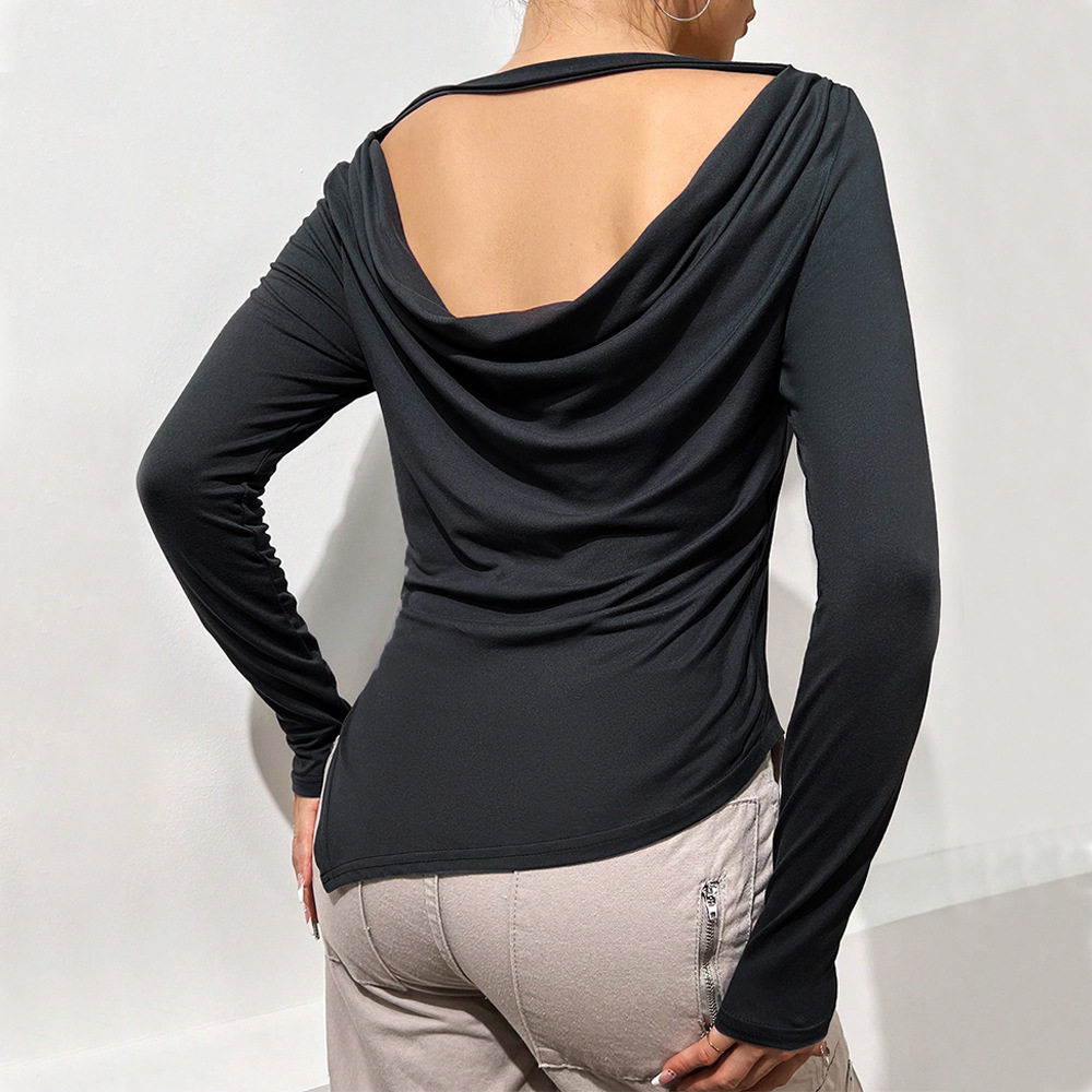 Womens Long Sleeve Solid Color Top Slim Fit Irregular Split Design Spring Summer Casual Wear Wholesale Available