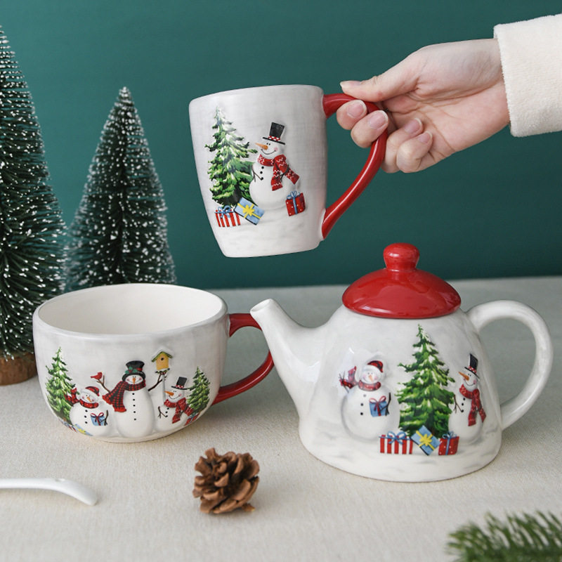 Christmas Tableware Set Snowman High-Value Ceramic Mug Dinner Plate Teapot Gift Wholesale Ceramic Christmas