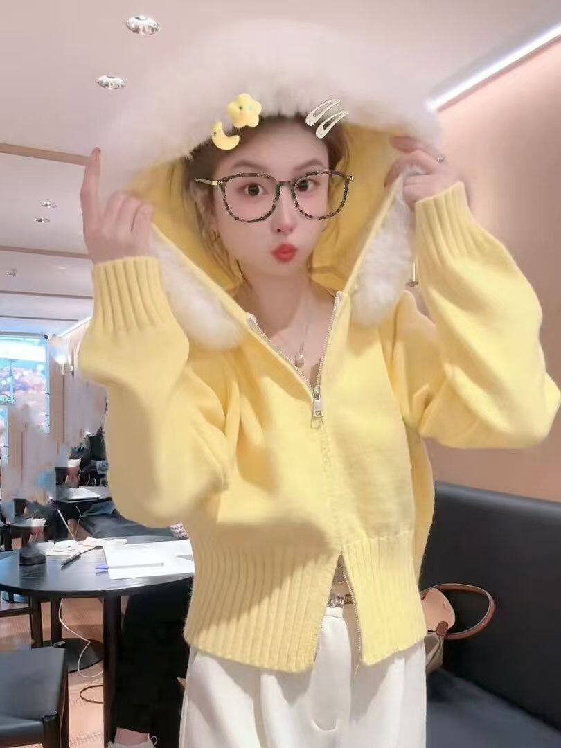 Cross-Border Autumn and Winter New Thickened Hooded Large Fur Collar Knitwear Tops and Jackets for Women Hooded Fashionable Versatile Jackets