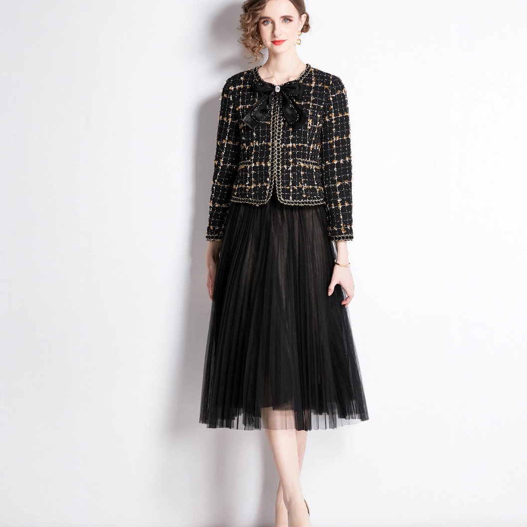 Embroidered Boucle Round Neck Jacket with Bow Top Mesh Midi Skirt Set Elegant Sweet Style for Parties Wholesale
