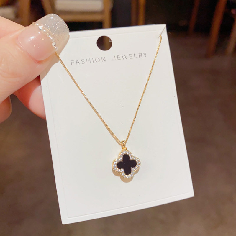 Korean Style Elegant Fashionable Simple Micro-inlaid Zircon Double-sided Four-leaf Flower Necklace Internet Celebrity Distinctive Exquisite Luxury Clavicle Chain