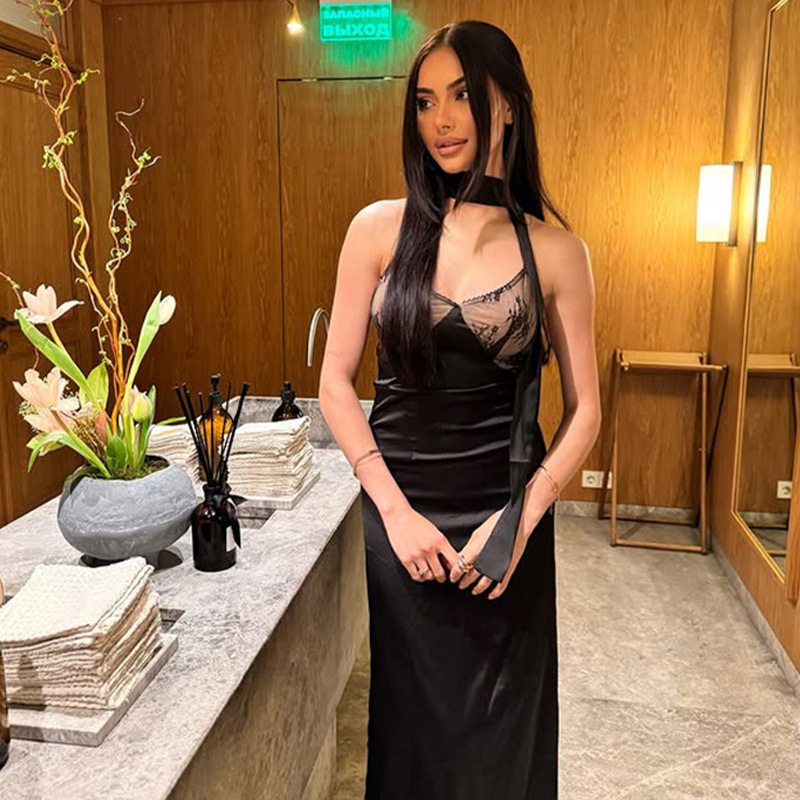 Elegant Womens Long Dress Sexy V Neck Lace Panel Slim Fit Satin Fabric Evening Party or Formal Occasion