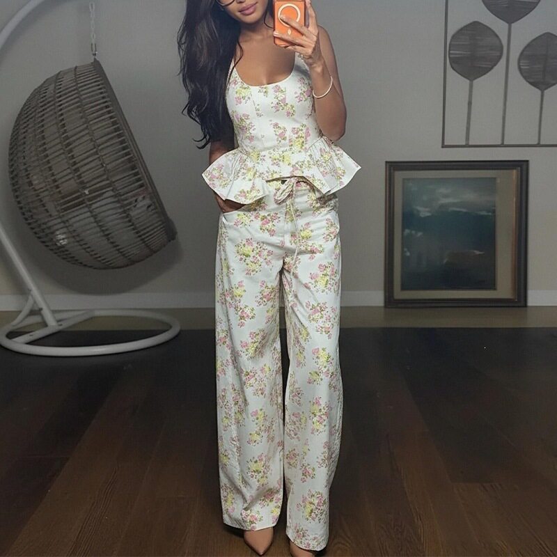 Womens Summer Casual Set Stylish Floral Print Ruffle Hem Sleeveless Design Perfect for Vacation or Everyday Wear