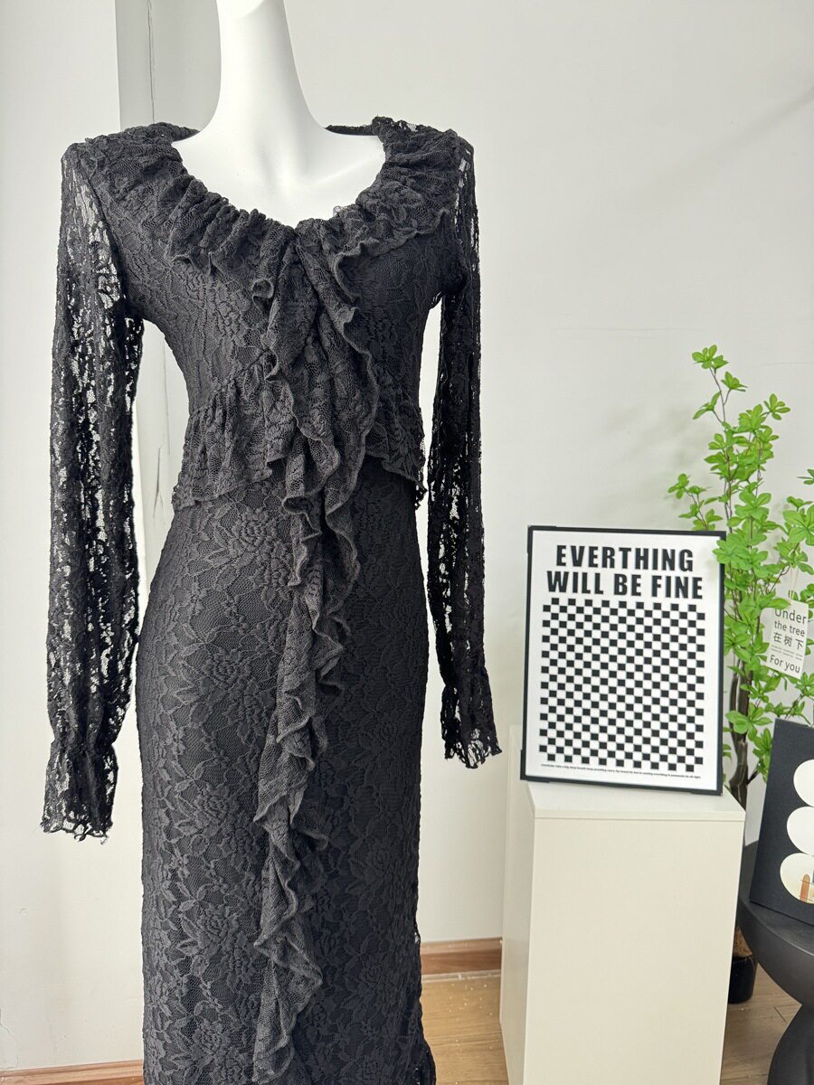 Elegant Womens V Neck Lace Ruffle Bodycon Dress Sophisticated Style for Parties and Events Wholesale Available