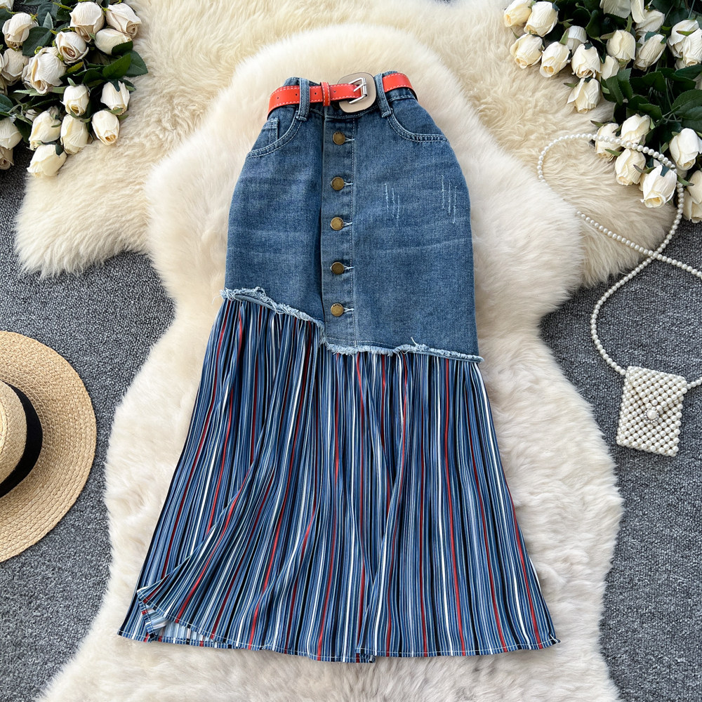 Korean Style Color Block Striped Denim Midi Skirt High Waist A Line Slim Fit Versatile for Work and Casual Wear