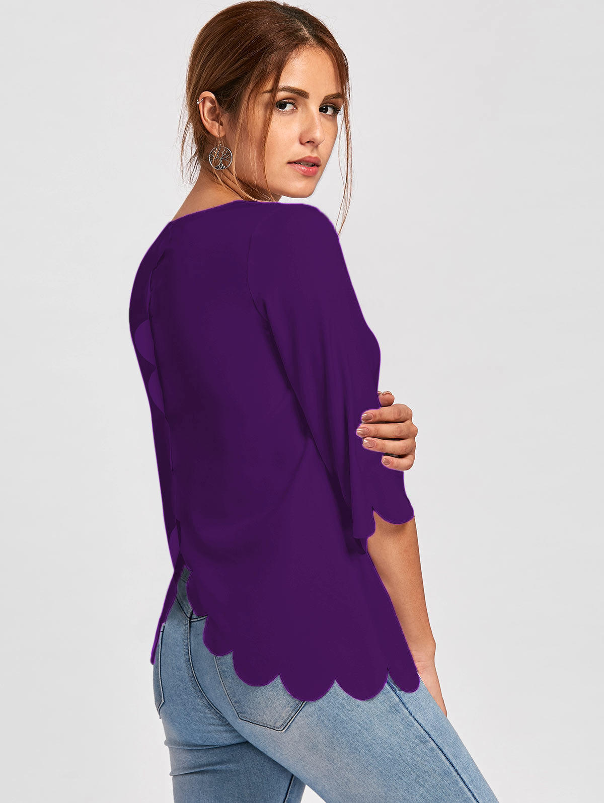 Casual Round Neck Short Sleeve T Shirt Solid Color Irregular Hem Floral Burnout Design Perfect for Everyday Wear