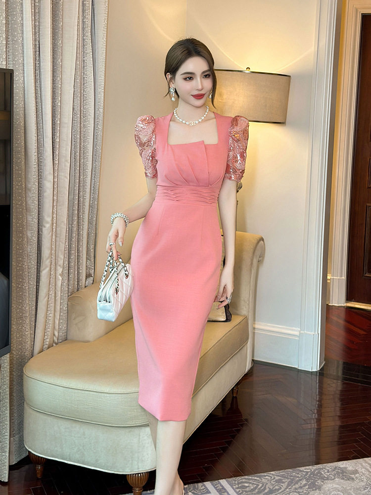 Đầm ôm body nữ phong cách Pháp tay bồng cổ vuông — [Hồng san hô]