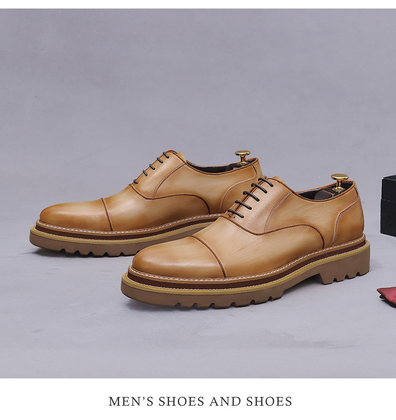 Giày Oxford nam da bò thật mũi tròn ba đường may, giày công sở và giày cưới — màu đen, Màu trắng, Màu be