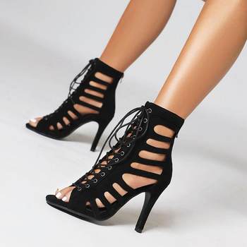 Mesh Sandals for Women, Stiletto Fish Mouth Sandals, Summer Cut Out Short Boots, Lace-Up Jazz Dance High-Heeled Mesh Boots, Large Size
