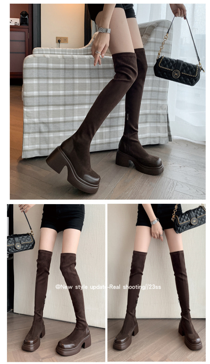 Boot nữ cổ cao quá gối gót vuông 7.5cm phối da bò và vải co giãn — Lót nhung ống lớn màu nâu, Lót nhung ống nhỏ màu nâu, Màu đen ống lớn lót nhung bên trong, Màu đen ống nhỏ lót nhung bên trong