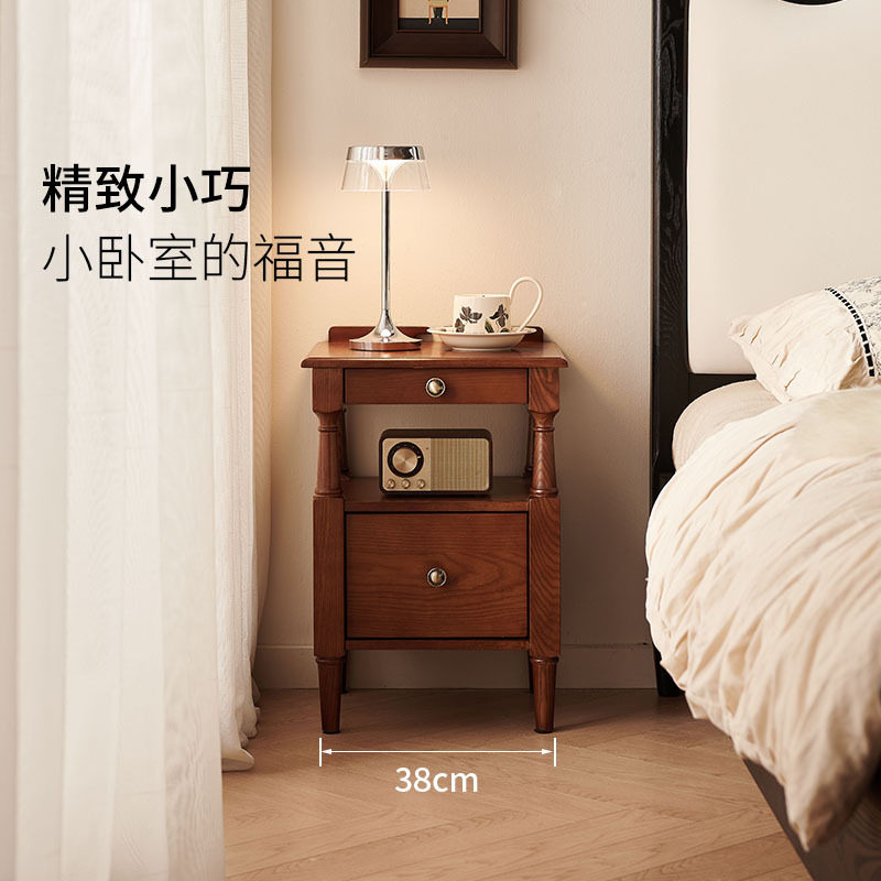 Small Apartment Bedside Table, French Retro Solid Wood, Extremely Narrow Double-Layer Drawer Bedside Storage Cabinet for Small Apartments