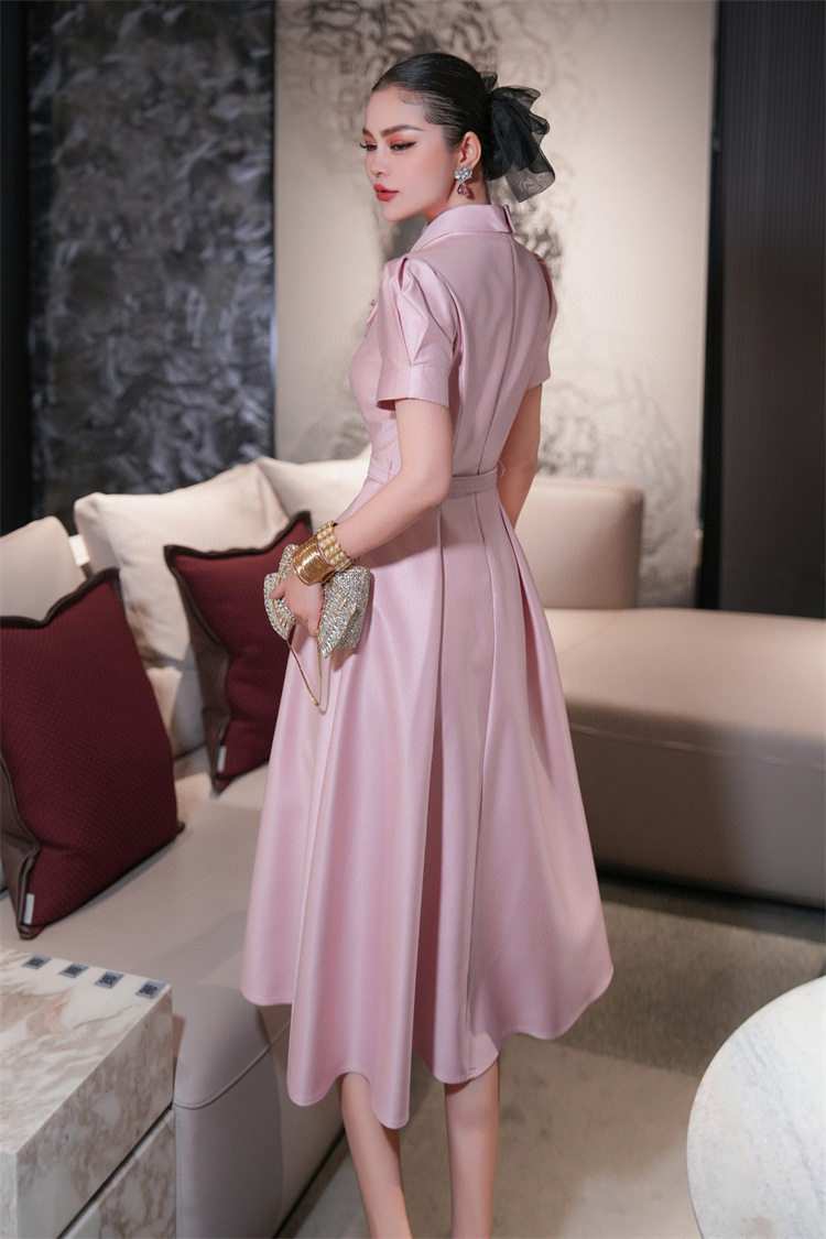 Đầm maxi nữ thắt eo phong cách châu Âu cổ điển — Hồng, Đào chi tiết 6