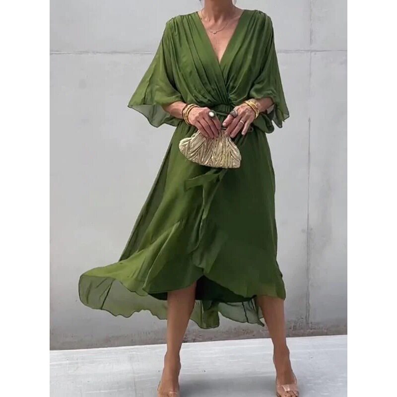 Batwing Sleeve Irregular Maxi Dress Solid Color Plus Size Elegant Design Perfect for Casual or Formal Occasions