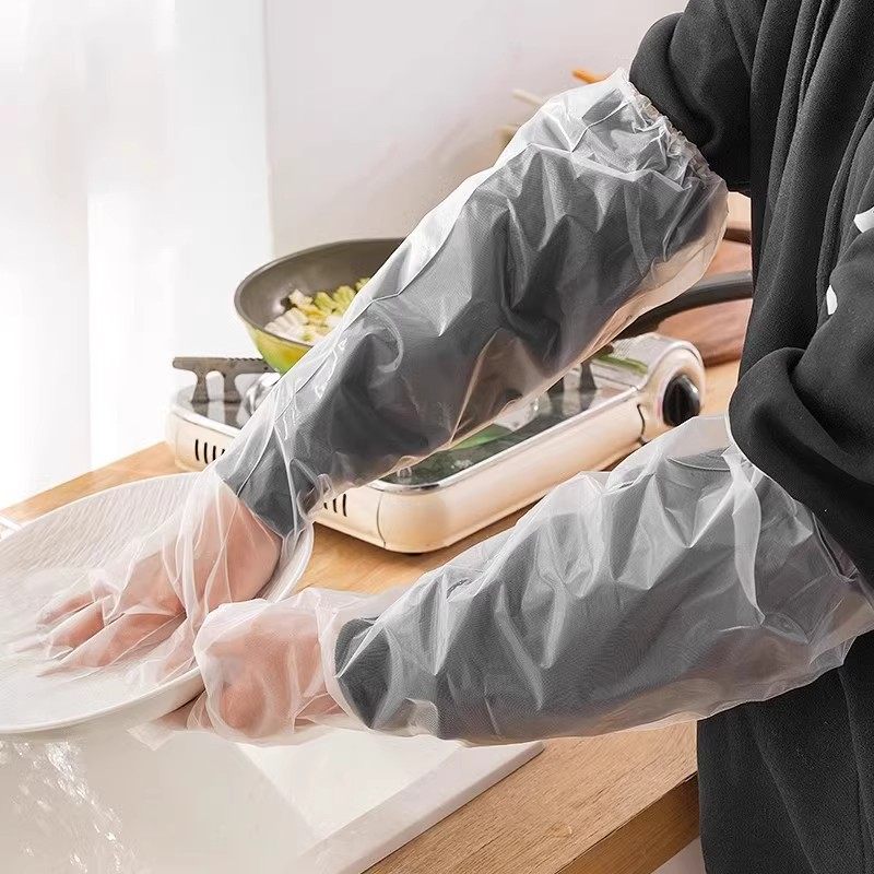 Long Sleeve Disposable Gloves Stretch Elastic Girdle PE Food Housekeeping Washing Dishes Cleaning Two-in-One Sleeve Gloves