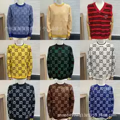 Autumn/Winter Trendy High-End Vintage Bvlgari Style Letter Jacquard All-Over Logo Crew Neck Knitted Wool Sweater Unisex