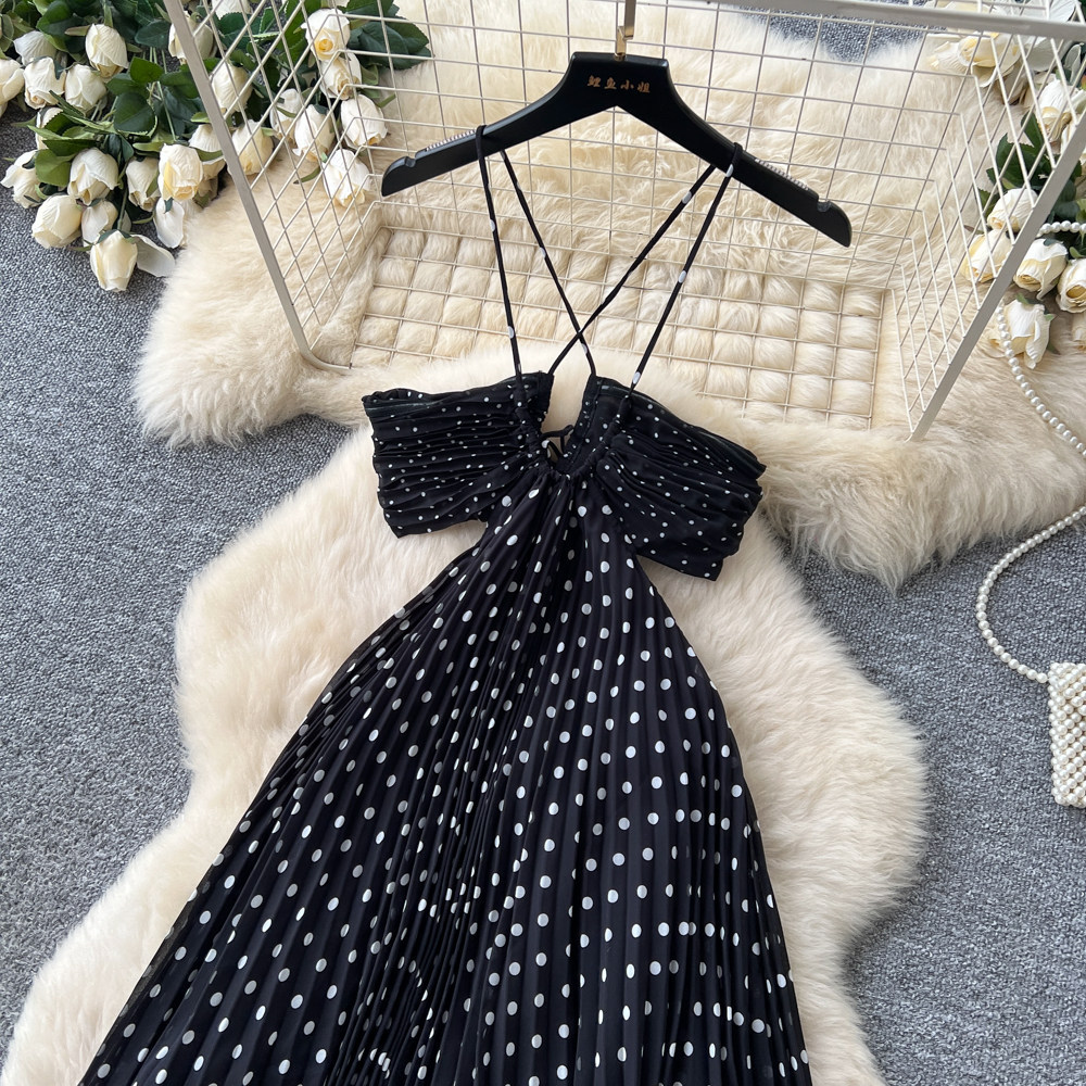 French Polka Dot Maxi Dress Sexy Backless V Neck Waist Defining Elegant Style Perfect for Evening Events