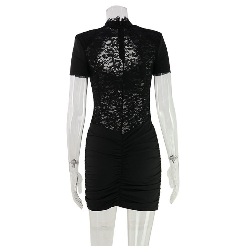 French Style Womens Lace Trimmed Bodycon Dress Short Sleeve Pleated Design Elegant Fit Perfect for Evening Events