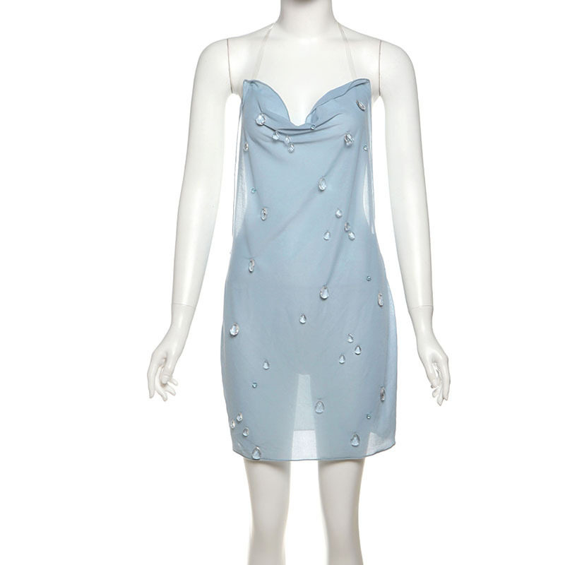 Summer Womens Bodycon Mini Dress Halter Neck High Waist 3D Water Drop Decoration Casual Party Wear OEM Available
