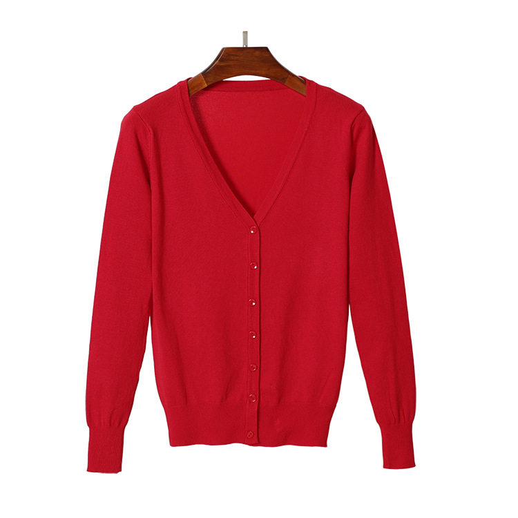 现货跨境货源女装V领春秋针织开衫女款纯色长袖v领外搭薄毛衣大码