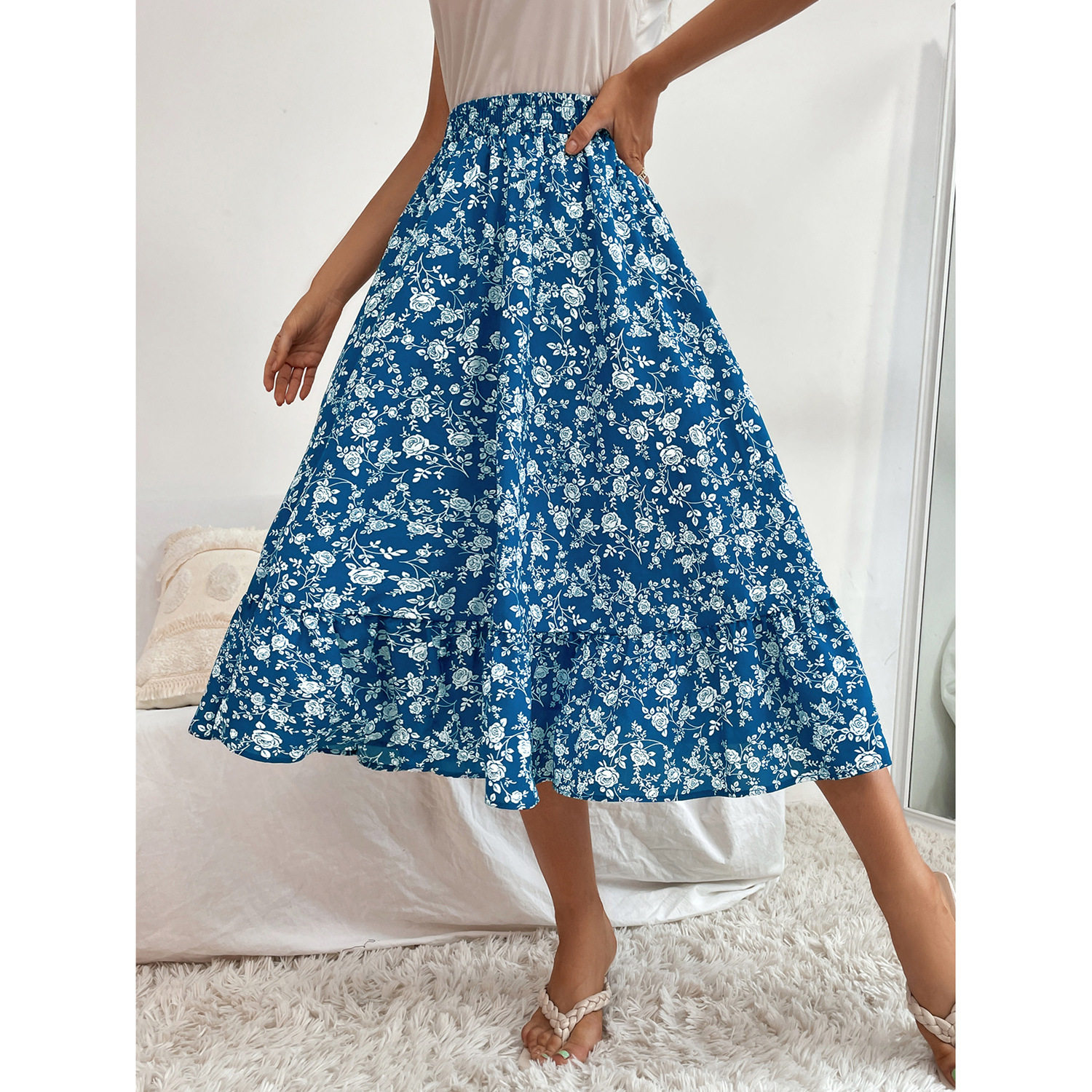 Floral Midi Skirt Casual Versatile Commuter Style Perfect for Vacation or Everyday Wear Wholesale Available