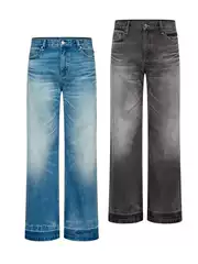 High-Quality "Glacier Ripple" Ice Blue Washed Distressed High-Ounce Whiskered A-Line Jeans Straight Wide-Leg Pants