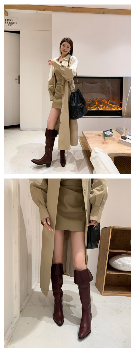 Boot nữ cổ cao quá gối da bò gót thô 5cm mũi nhọn phong cách tối giản — Lớp lót đơn màu đen, Lớp lót đơn màu đỏ neo, Lớp lót nhung đen, Mỏ neo nhung đỏ