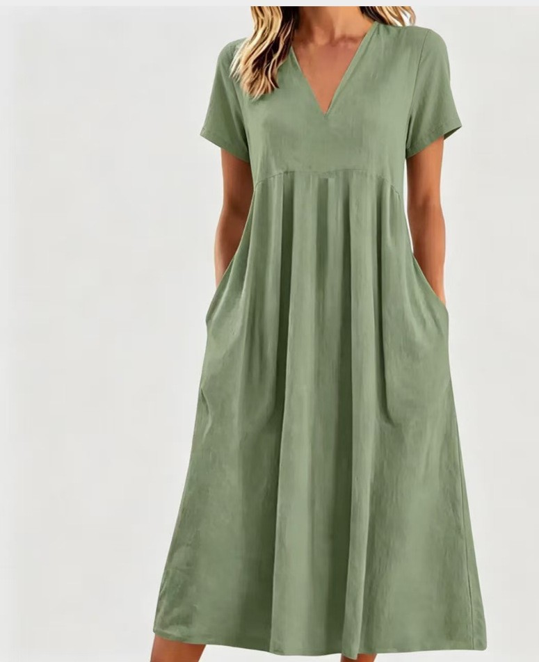 Womens Casual Loose V Neck Short Sleeve Dress Solid Color Spring Summer Style Wholesale Availability