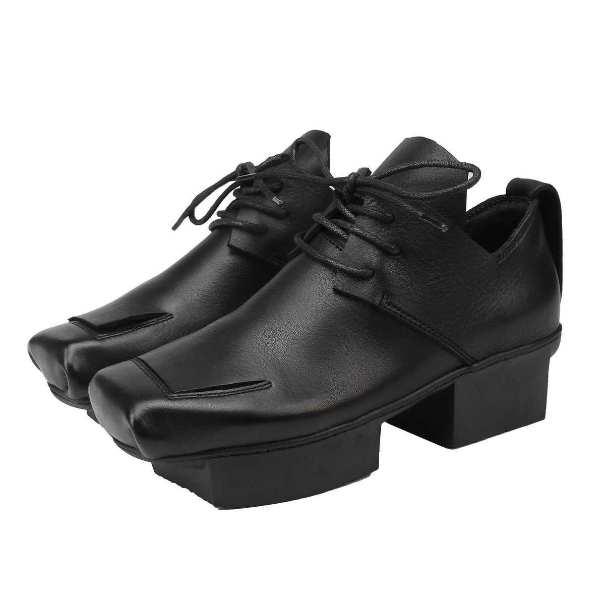 Boot cổ thấp nữ da bò thật buộc dây gót vừa đế xuồng — đen, màu nâu