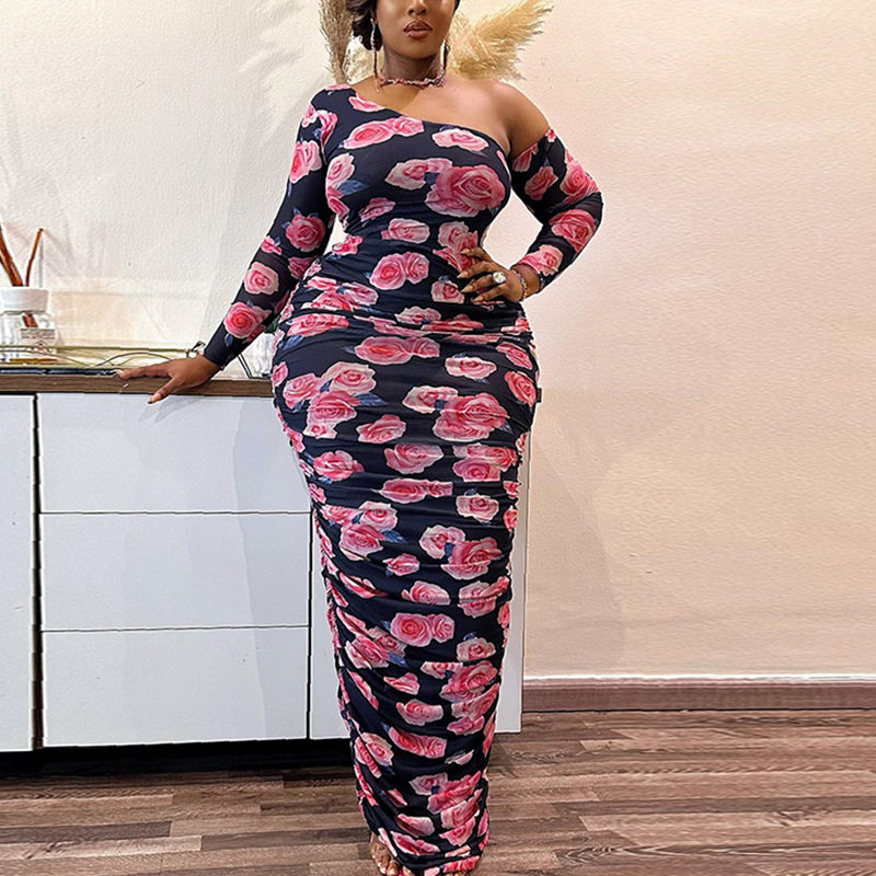 Asymmetrical Shoulder Long Sleeve Bodycon Dress Fashionable Floral Print Ruched Design Mid Length Ideal for Parties