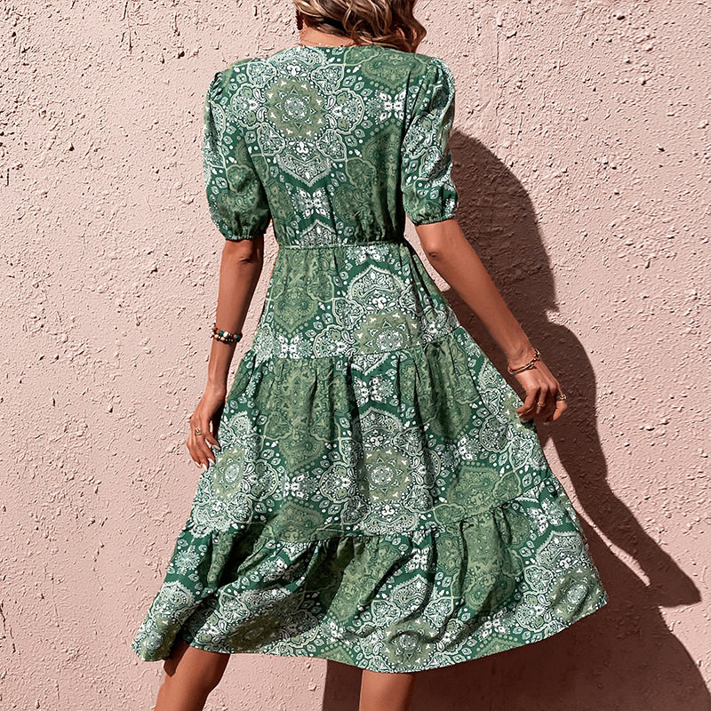 Vintage Paisley Print Dress Green Mid Length Summer Style Perfect for Casual Outings Wholesale Available