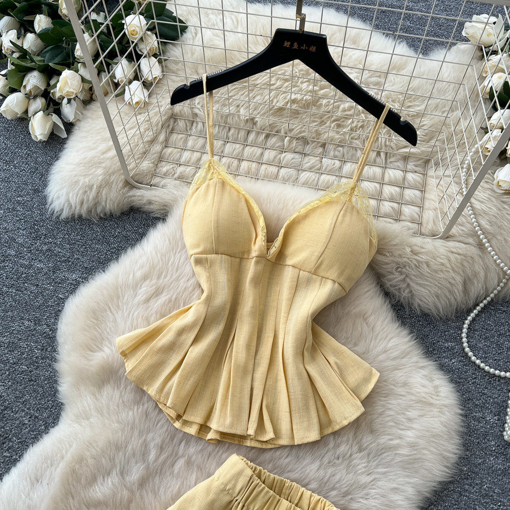 Lace Camisole and Wide Leg Pants Set Lightweight Slim Fit Elegant Design Summer Casual Wear Wholesale Available