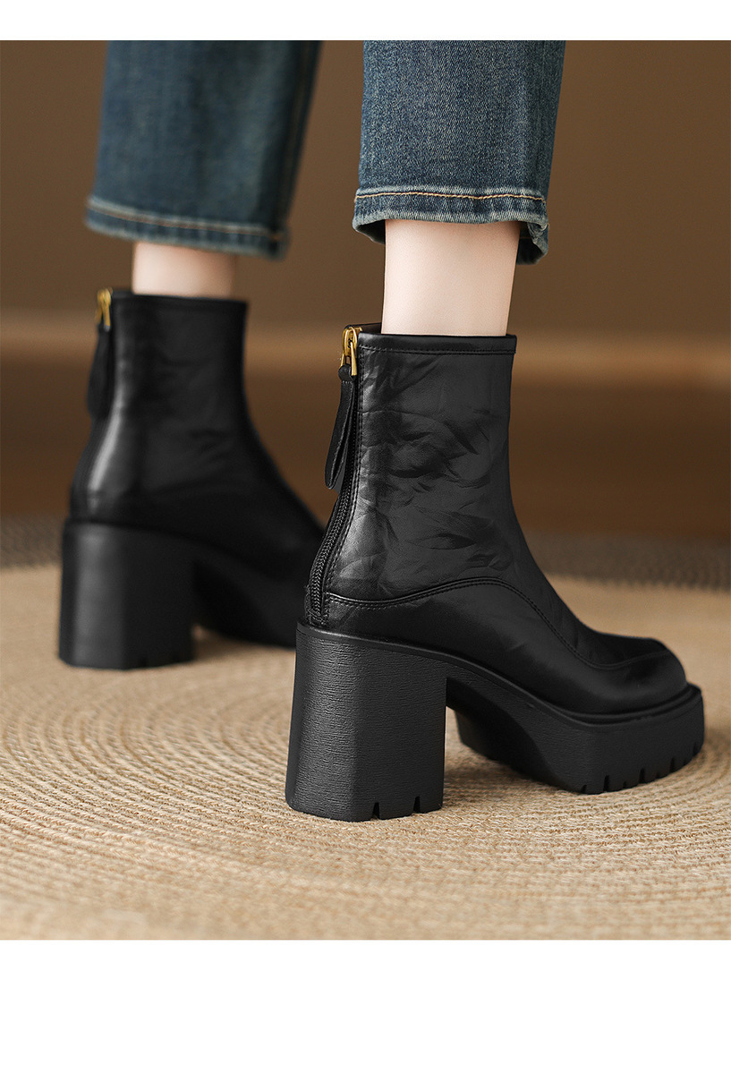 Boot nữ da bò mũi vuông gót thô 8cm đế cao su chống trượt — Lớp lót đơn màu đen, Lớp lót đơn màu nâu, Lót nhung đen, Lót nhung màu nâu