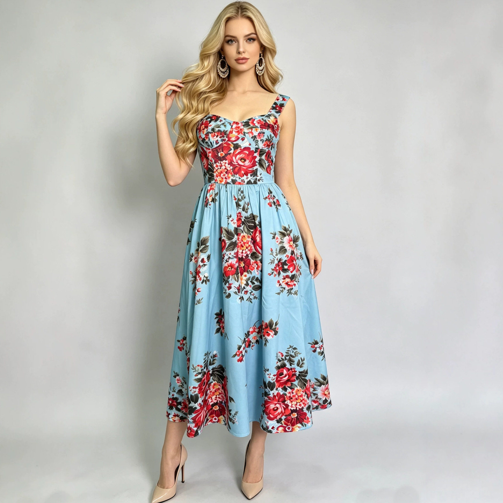 Floral Print Sleeveless A Line Dress High Waist Flattering Fit Summer Style Elegant Casual Wear Wholesale Available