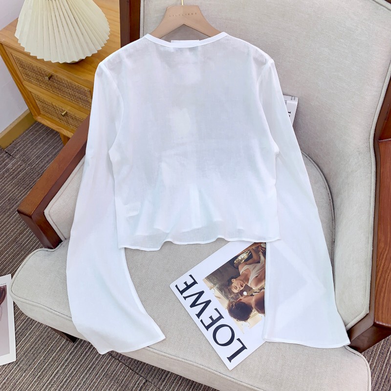Áo sơ mi nữ linen phối gai dệt thêu họa tiết hạt gạo dáng suông tay dài — trắng