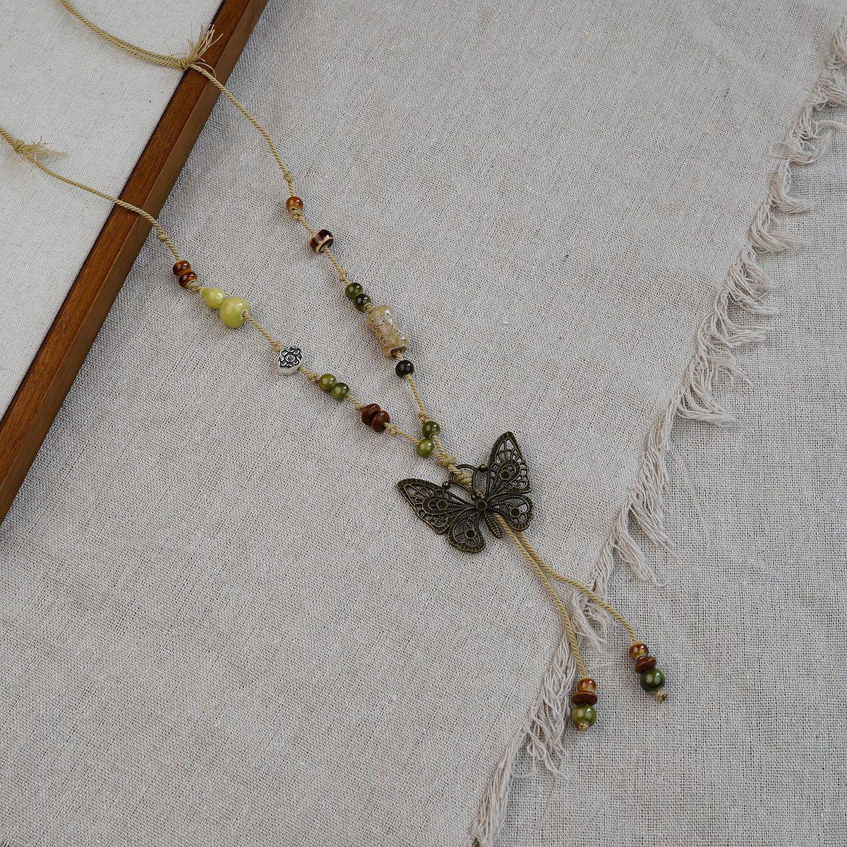 Jingdezhen Ceramic Necklace Ethnic Style Butterfly Style Antique Style Clavicle Chain Accessories Retro Matchinging Long Style Wholesale
