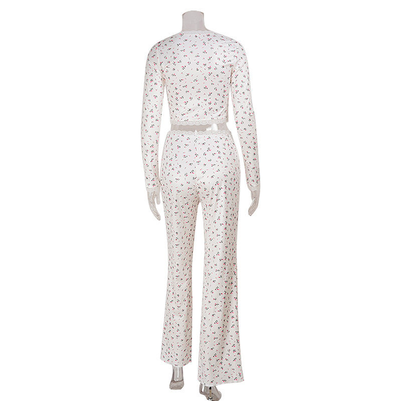 Floral Print Two Piece Set Lace Trim Long Sleeve Comfortable Fabric Casual Wear for Young Women Wholesale Available