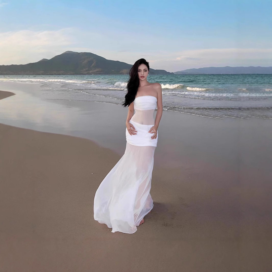 Chic White Mesh Strapless Maxi Dress Elegant Fit Soft Fabric Beach Vacation Style Available for Wholesale