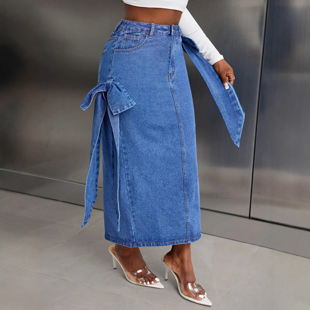 High Waisted Denim Skirt European and American Style Bow Design Color Block Casual Wear for Women Wholesale