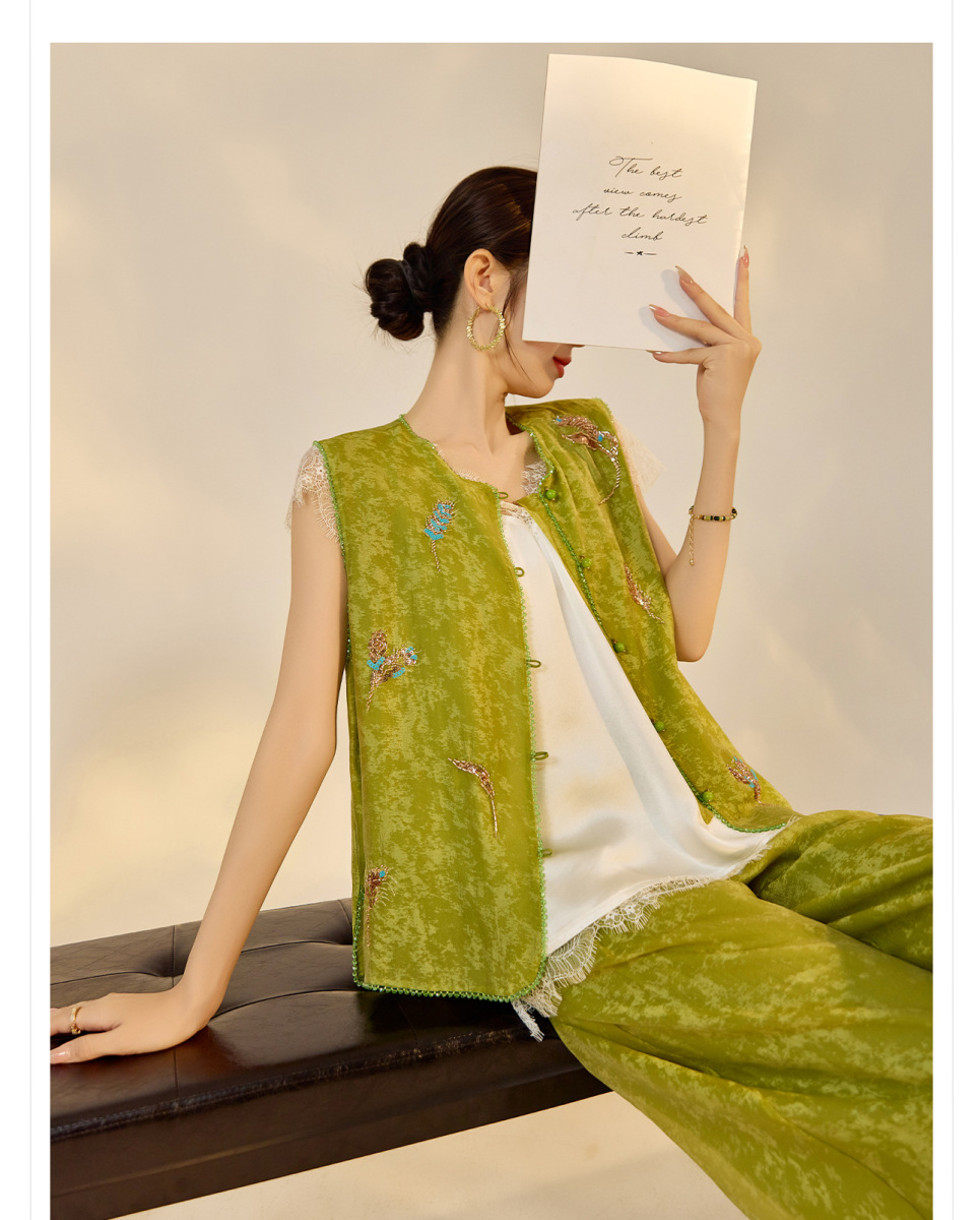 Set gile thêu đính cườm kèm quần dài nữ phong cách thanh lịch — Quần dài màu mơ, Quần dài màu xanh lục, Gi lê màu hồng, Gi lê màu xanh lục