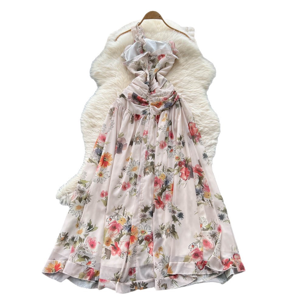 Floral Print Asymmetrical Neckline Dress 3D Flower Design Waist Defining Elegant Split Hem Perfect for Summer Events