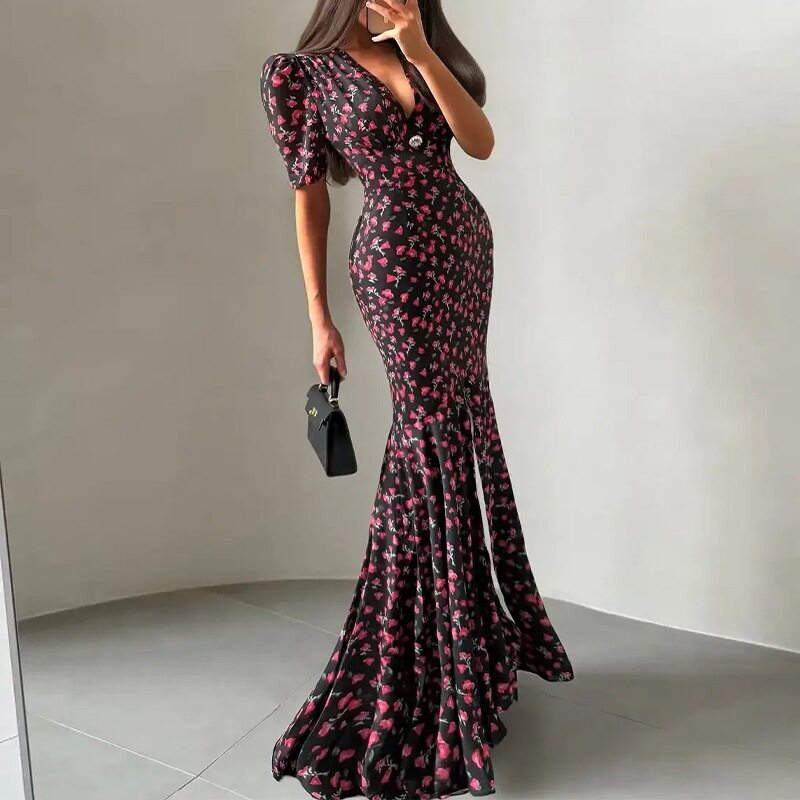 Womens Summer Dress Elegant Floral Print V Neck Fitted Mermaid Hem Perfect for Parties or Events Wholesale