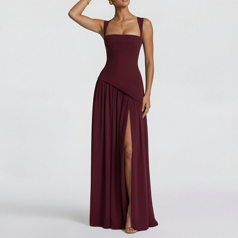 Womens Summer Dress Elegant Solid Color Pleated Design Side Slit Perfect for Casual or Formal Occasions Wholesale