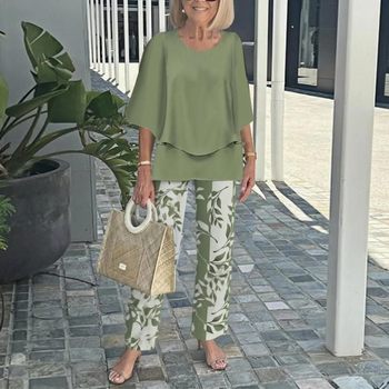 2025 Amazon Independent Station Foreign Trade Casual Round Neck Sleeve Top Printed Floral Pants suit Two-Piece Set