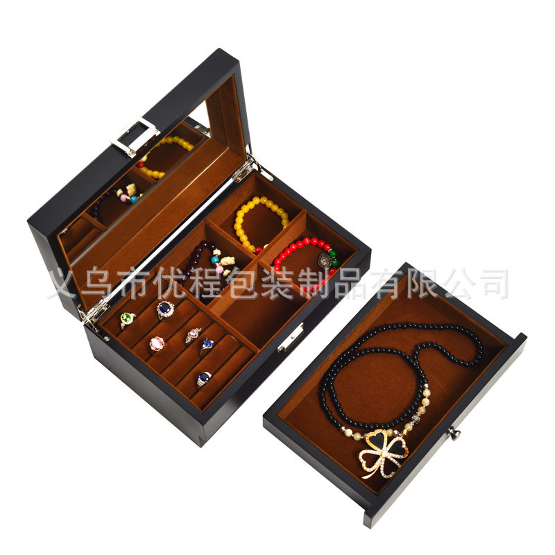 Spot New Double Layer Jewelry Box Black Matte Paint Watch Box with Mirror Jewelry Storage Box Jewelry Box
