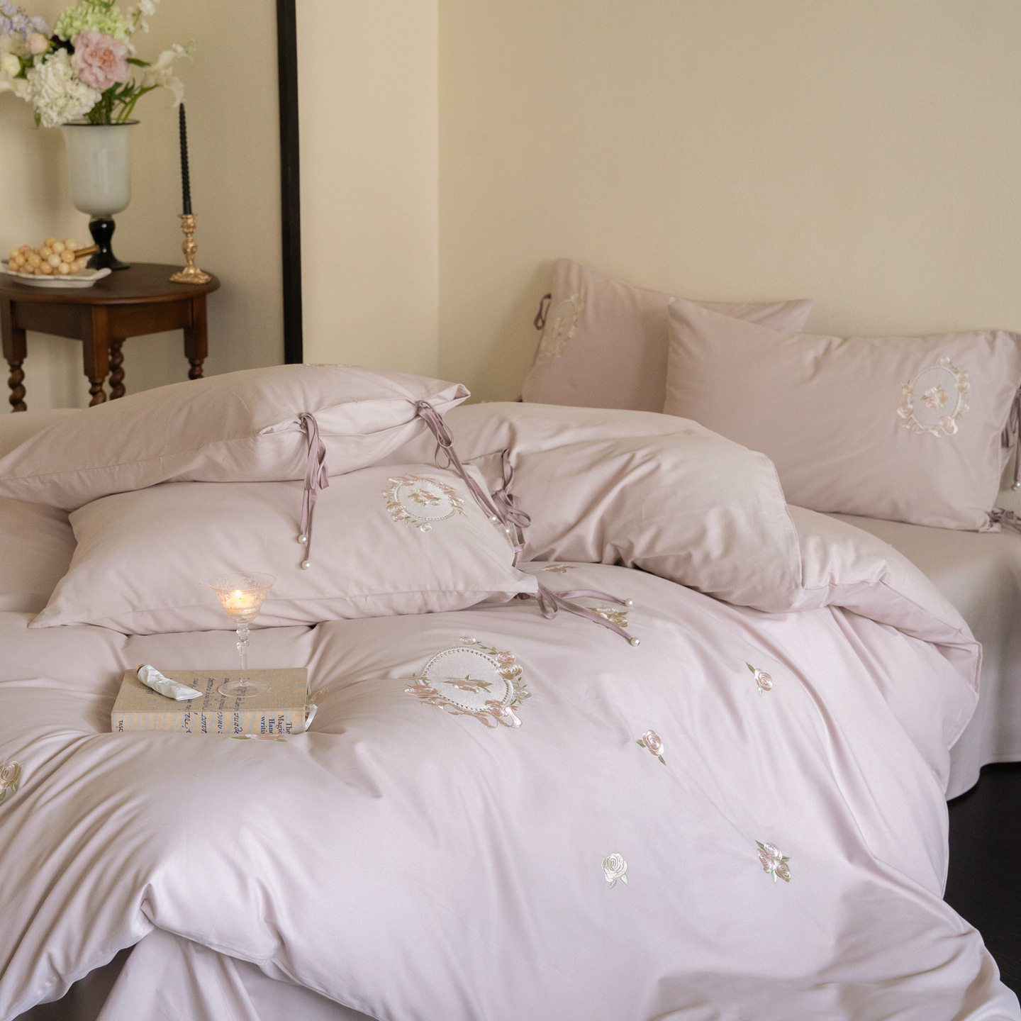 Autumn and Winter French Style 100S Long-Staple Cotton Thickened Brushed Four-Piece Set Floral Embroidery Pure Cotton Duvet Cover Bedding